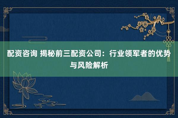 配资咨询 揭秘前三配资公司：行业领军者的优势与风险解析